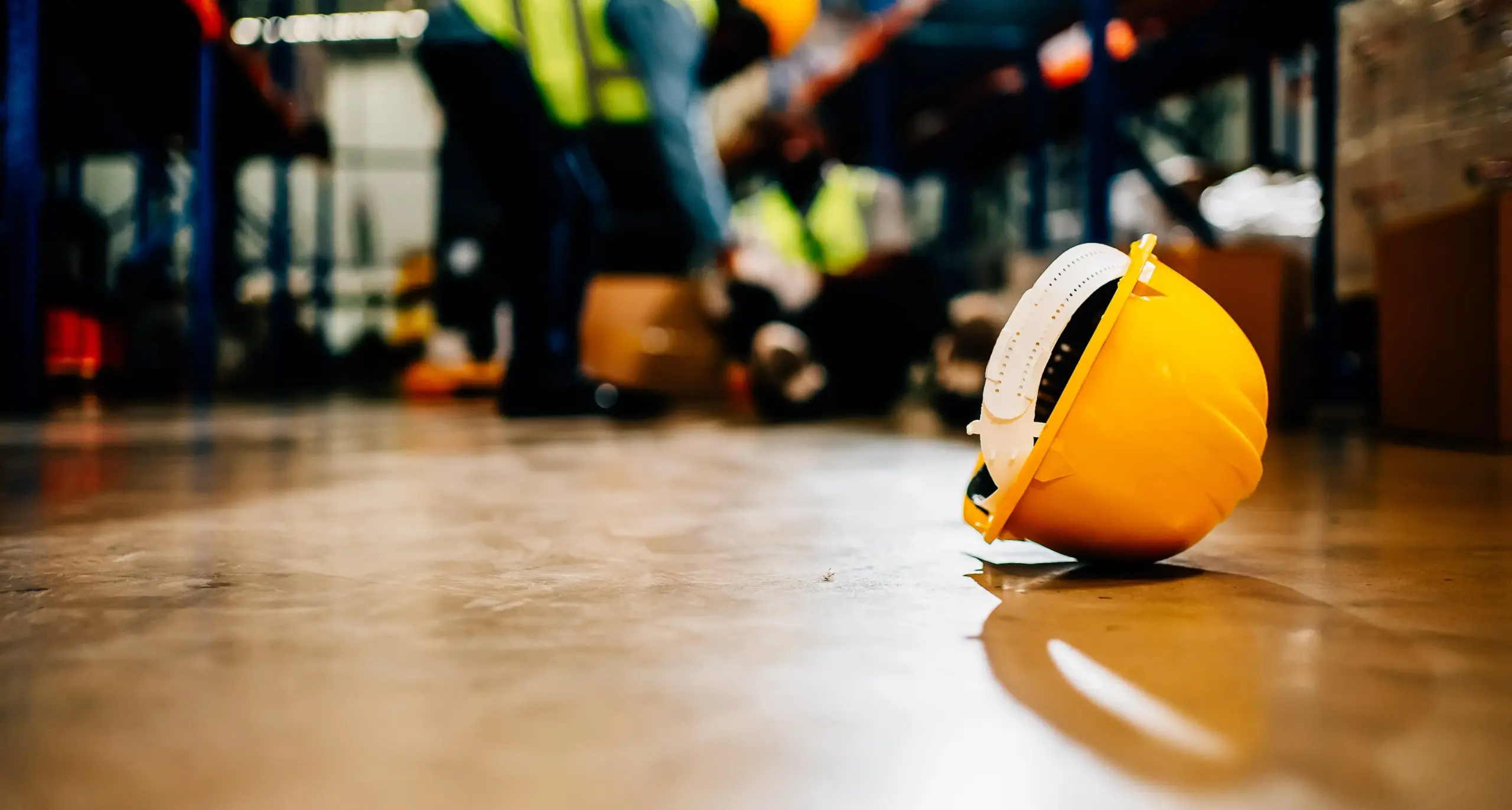 Hard helmet on the ground with an injured worker in the back.