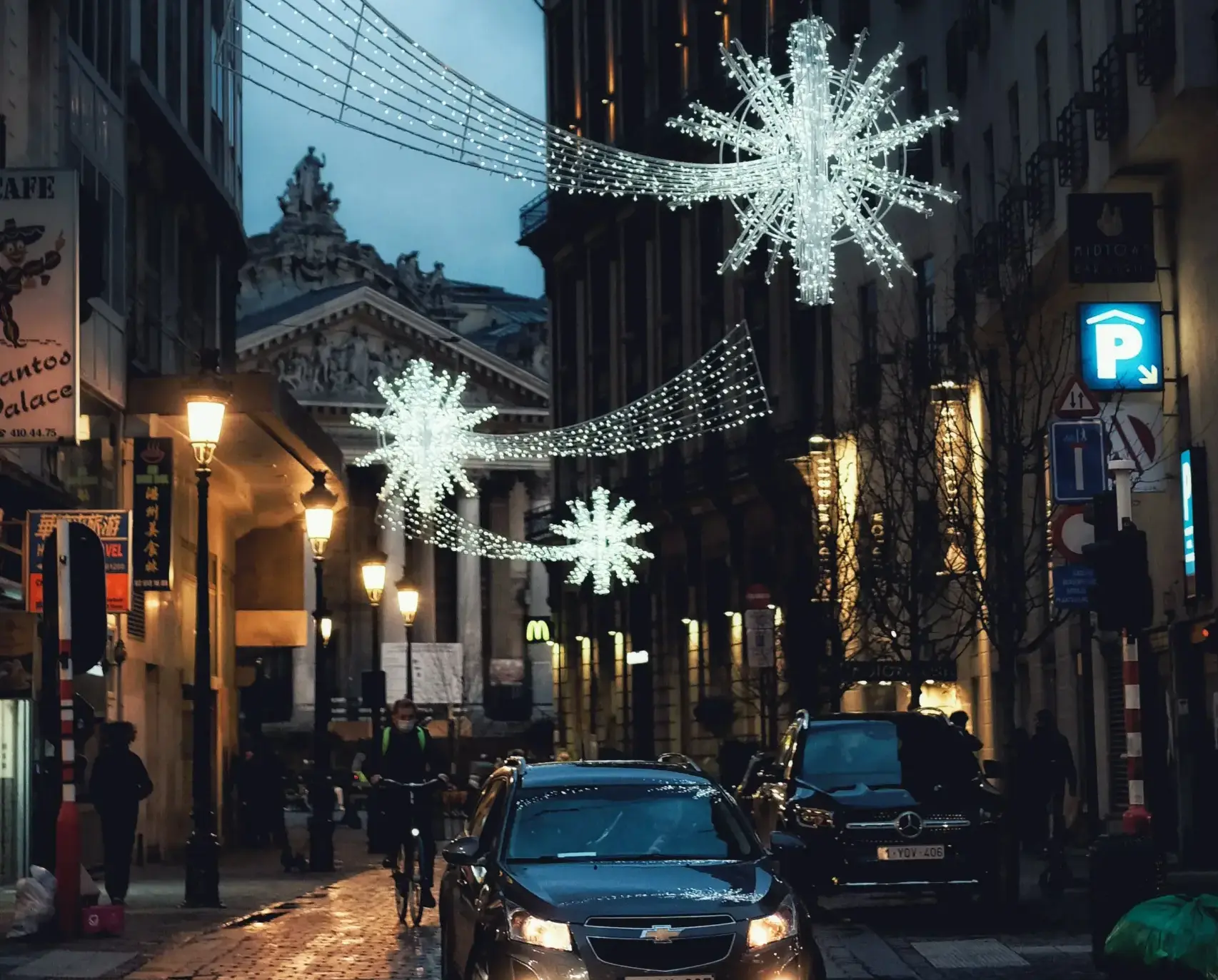 Holiday lighting on a street. 