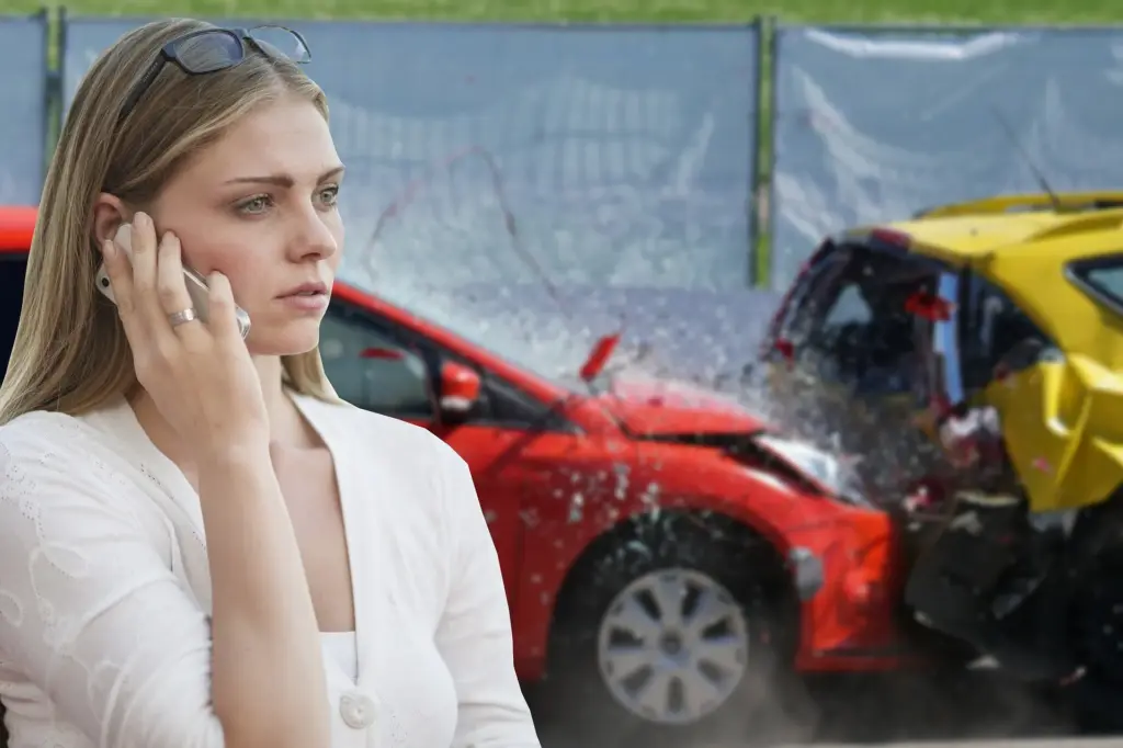 Woman calling after an accident with a car and commercial vehicle.