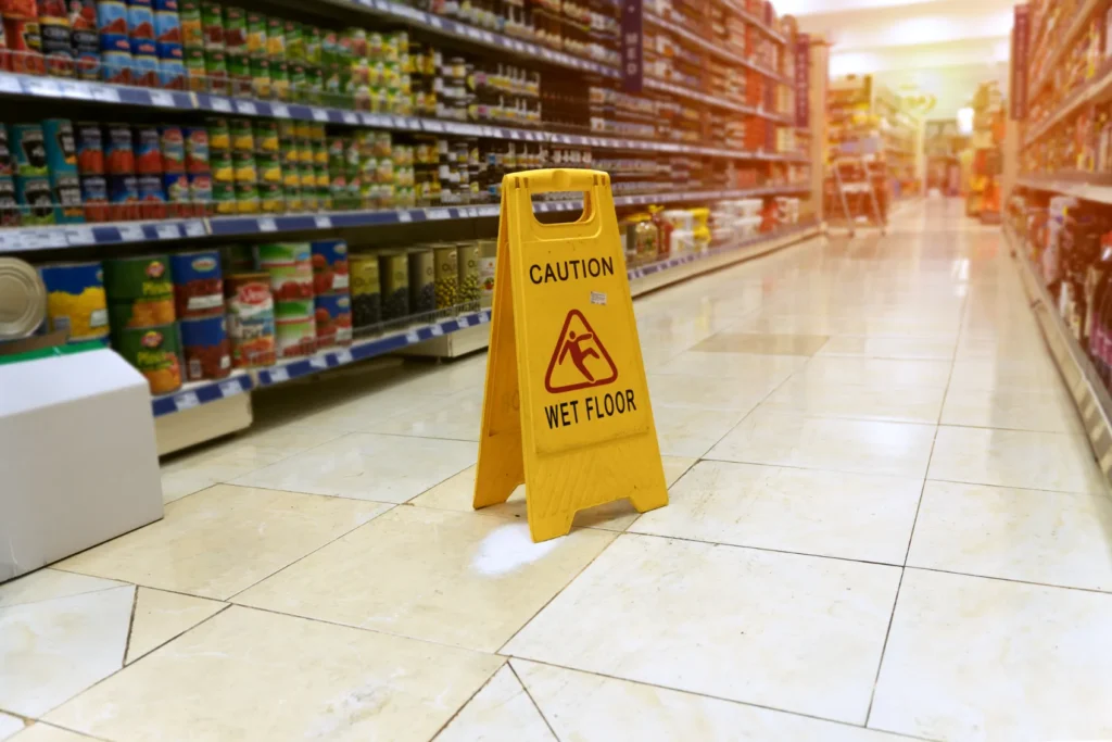 A wet floor sign at a grocery store.