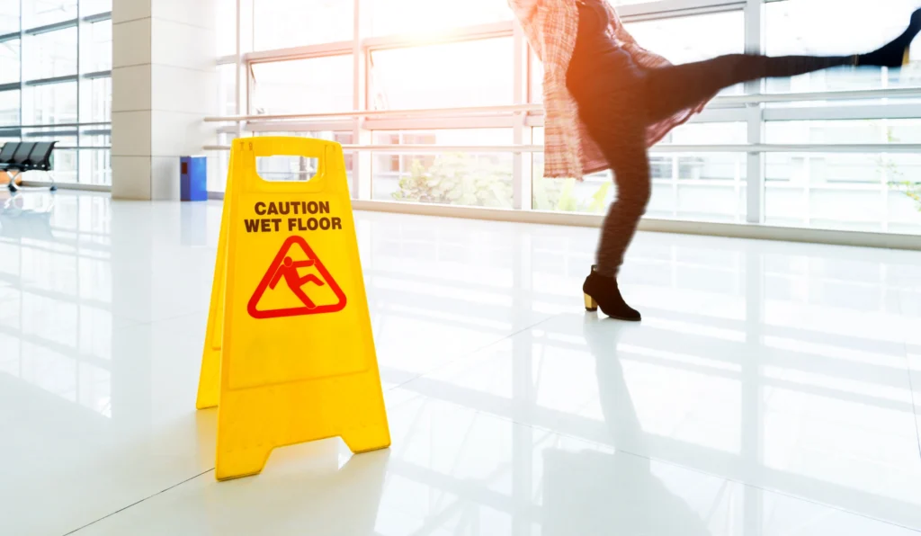 A person falling with a wet floor sign next to them.