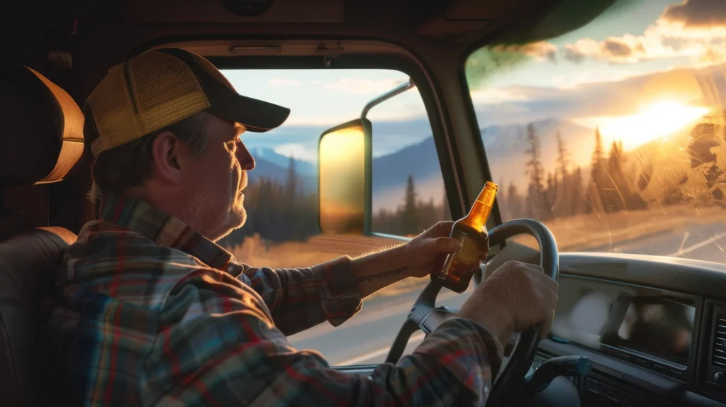 A truck driver drinking a beer.